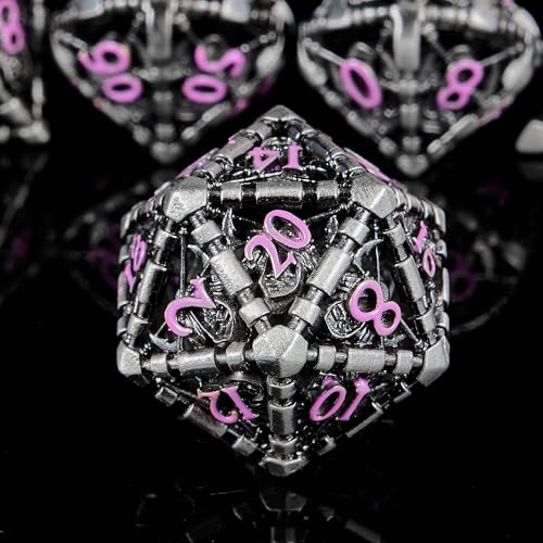 Hollow Grim Reaper Metal DND Dice Set, 7-Piece Polyhedral RPG Dice with Purple Numbers, 3D Hollow Wizard Skeleton Design with Metal Tin Box for D&D, RPGs, MTG, and Board Games - color: Hollow Wizard Silver