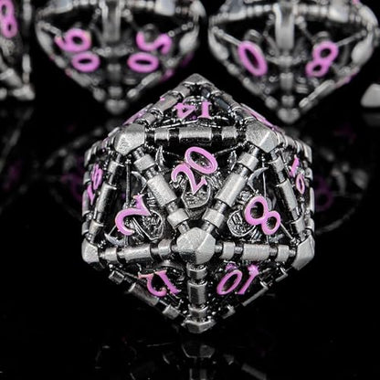 Hollow Grim Reaper Metal DND Dice Set, 7-Piece Polyhedral RPG Dice with Purple Numbers, 3D Hollow Wizard Skeleton Design with Metal Tin Box for D&D, RPGs, MTG, and Board Games - color: Hollow Wizard Silver