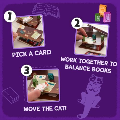 Alley Cat Games Bookshelf, Ages 8+, 2-4 Players | Cooperative Stacking Game, Skill & Balance Card and Book Tower Game in Travel Tin, Cooperative Tabletop Challenge