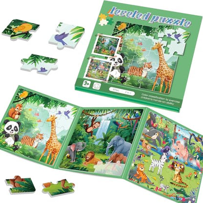 Magnetic Puzzles for Toddlers 3-5 Toddler Puzzle Travel Toys （Animal） | Jigsaw Puzzles for Kids 97-Pieces Travel Toys, Animal Jungle Puzzles Ages 4-6 Road Car Trip & Airplane Activity - style: Animal Jungle