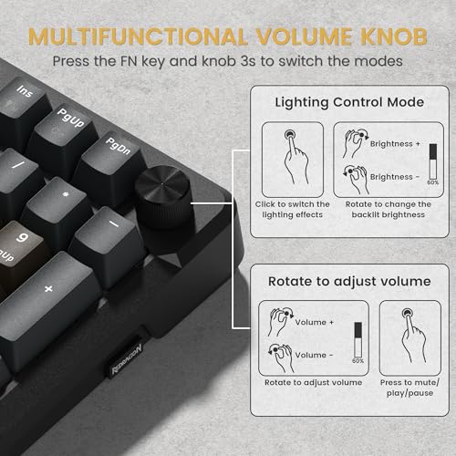 Redragon K742 Wireless Mechanical Gaming Keyboard with Knob, Bluetooth 5.0/2.4GHz/USB C Wired Creamy Keyboard with Number Pad for PC Computer, RGB Backlits, Hot-Swappable with Linear Switches (Brown) - color: Brown