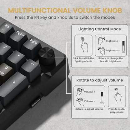 Redragon K742 Wireless Mechanical Gaming Keyboard with Knob, Bluetooth 5.0/2.4GHz/USB C Wired Creamy Keyboard with Number Pad for PC Computer, RGB Backlits, Hot-Swappable with Linear Switches (Brown) - color: Brown