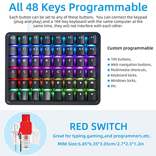 Koolertron One Handed Mechanical Gaming Keyboard, 48-Key Fully Programmable Mini Keypad, Mini USB Macro Keyboard with RGB LED Backlit, for Windows PC Gamer (48 Keyboard/Red Switches) - style: 48 Keyboard/Red Switches