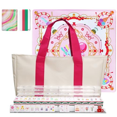 American Acrylic 4-Layer Mahjong Set with Rainbow Translucent Backs, 2 Bags, 4 Acrylic Racks, Silent Mat – Portable American Mahjong Game Set for Adults, Family Game Night & Travel - color: Pink Rainbow