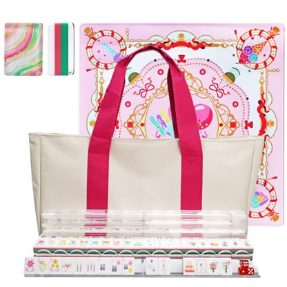 American Acrylic 4-Layer Mahjong Set with Rainbow Translucent Backs, 2 Bags, 4 Acrylic Racks, Silent Mat – Portable American Mahjong Game Set for Adults, Family Game Night & Travel - color: Pink Rainbow