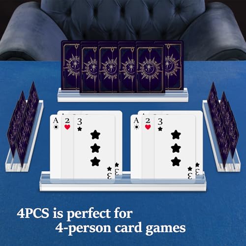 Set of 4 Clear Acrylic Playing Card Holders, Dual Groove Racks for Tabletop Cards, Playing Card Racks Stands with 2 Card Slots, Non Slip Card Deck for Bridge Canasta Strategy Card