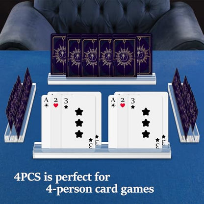 Set of 4 Clear Acrylic Playing Card Holders, Dual Groove Racks for Tabletop Cards, Playing Card Racks Stands with 2 Card Slots, Non Slip Card Deck for Bridge Canasta Strategy Card