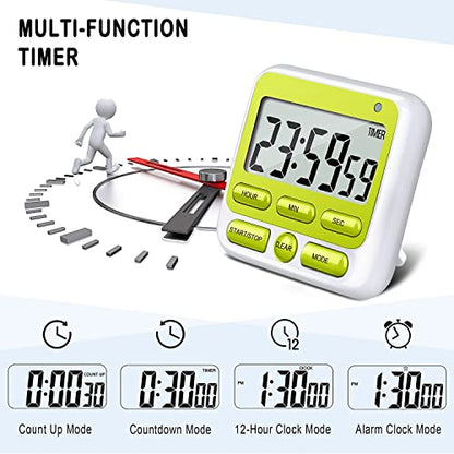4-in-1 Digital Timer with Count Up/Down, Clock & Alarm, Ring & Silent Modes | Large 2.8-Inch easy-read LCD, On/Off switch, 24-Hour count up/down, Fast-forward function, Magnetic back, stand, hanging hole - color: Green