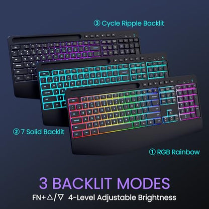 Wireless Keyboard and Mouse Combo- VEILZOR 2.4G Rechargeable Keyboard with Phone Holder, Ergonomic Wrist Rest, 9 RGB Backlit Effects, Silent Keyboard Mouse Set for Windows, Laptop, PC - color: Black