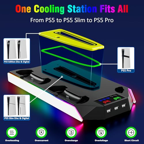 PS5 Stand and Cooling Station with RGB Controller Charging Station for PlayStation 5 Console, PS5/Slim/Pro Controller Charger, PS5 Cooling Stand, PS5/Slim/Pro Accessories Kit with 3 Level Cooler Fan - color: RGB-Black
