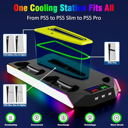 PS5 Stand and Cooling Station with RGB Controller Charging Station for PlayStation 5 Console, PS5/Slim/Pro Controller Charger, PS5 Cooling Stand, PS5/Slim/Pro Accessories Kit with 3 Level Cooler Fan - color: RGB-Black