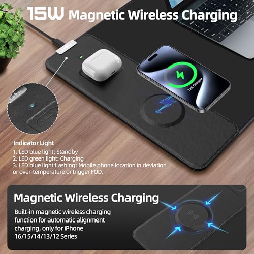 Mouse Pad with Wireless Charging, Large Desk Mat for Gaming, 31.5"x11.8" | Ultra-Smooth Surface, Non-Slip Rubber Base, Waterproof Computer Keyboard Pad for Gamer, Desk, Office, PC, Laptop, Black - color: Black - 31.5"x11.8"