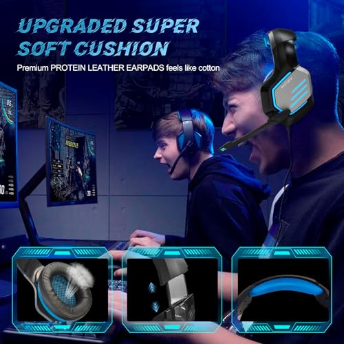 NPET H022 Blue Gaming Headset - Noise Cancelling Over-Ear Headphones with Mic, LED Lights, Bass Surround Sound for PS5, PS4, Xbox One, PC & Controller