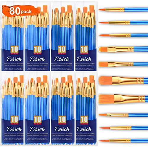 ESRICH Acrylic Paint Brushes Set,8Packs /80 Pcs Nylon Paintbrushes Head, Suitable for Acrylic Oil Watercolor Rock Body Face Nail Art Perfect Suit of Art Painting, Best Gift for Kids Adult Drawing - color: Blue, size: 80