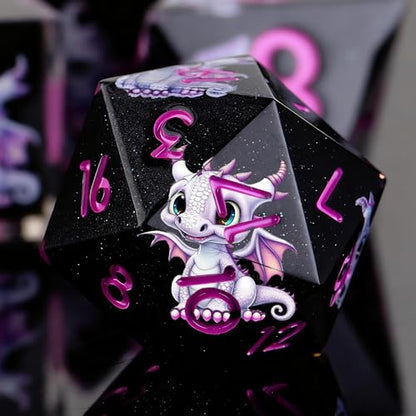 Dragon Pattern Double Layered Starry Sky Black Resin DND Dice Set, d4 d6 d8 10 d12 d20 7Pcs Sharp Edge D&D Dice for RPG MTG D and D Role Playing Desktop Games - color: Pink