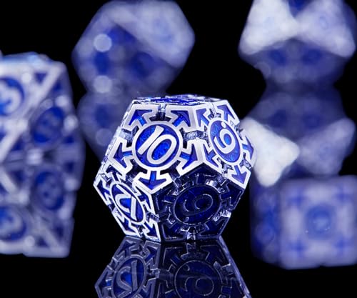 RULE DND Dice Set Metal Blue Solid Weighted D&D Dungeons & Dragons Polyhedral D20 D4 D12 D10 D% D8 D6 with Gift Box - color: Silver-dark Blue