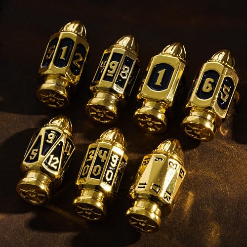 UDIXI Bullet Metal DND Dice Set, 7PCS D&D Bullet RPG Dice Set Golden Black | Cool Design, Magazines Container and PU Leather Bag, for Dungeons and Dragons Role Playing Games and Tabletop Games RPG - color: Golden Black