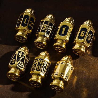 UDIXI Bullet Metal DND Dice Set, 7PCS D&D Bullet RPG Dice Set Golden Black | Cool Design, Magazines Container and PU Leather Bag, for Dungeons and Dragons Role Playing Games and Tabletop Games RPG - color: Golden Black