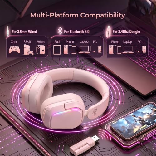 RK ROYAL KLUDGE HG101 V2 Wireless Gaming Headset, 2.4G/Bluetooth 6.0/3.5mm Wired Headphones, 7.1 Surround Sound, 40mm Drivers, Memory Foam Cushions, Works with Xbox, PS4/5, PC, Switch, Pink - color: Pink