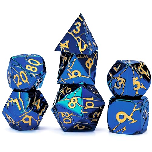 Metal Dice for DND - Ancient Cracked Lightning – Blue Gold Cracks | Beautiful 7pc Polyhedral Dice Set, Smooth Rolling, Role Playing Games (RPG), Compatible with D&D, for Dungeons and Dragons - color: Metal Blue Gold Lightning
