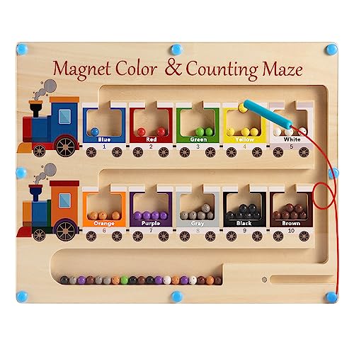 Poycuna Magnetic Color and Number Maze Board Wooden Montessori Fine Motor Skills Toys for 3 4 Year Old Preschool Learning Activities Classroom Must Haves Sorting Travel Toys for Toddlers Boys Girls