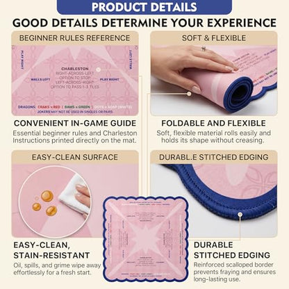Mahjong Mat 31.5x31.5 inches – Quiet, Foldable Table Mat for Mahjong, Card Games & Board Games, 3-Layer Noise-Reducing Design, Waterproof & Easy-Clean, Includes Storage Bag (Pink - Wavy Edge) - color: Pink - Wavy Edge