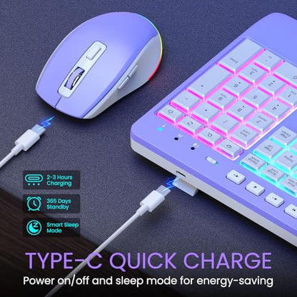 Wireless Keyboard and Mouse Combo- VEILZOR 2.4G Rechargeable Keyboard with Phone Holder, Ergonomic Wrist Rest, 9 RGB Backlit Effects, Silent Keyboard Mouse Set for Windows, Laptop, PC - color: Purple