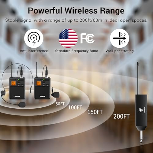 TONOR UHF Wireless Microphone System with Headset Lavalier Lapel Mic, Bodypack Transmitter, Rechargeable Receiver, 2 * 15 Channels 60 m/200ft Range 1/4" Output for Recording, 2 Bodypack Mics
