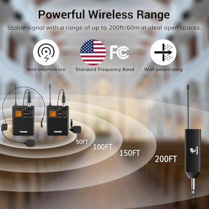 TONOR UHF Wireless Microphone System with Headset Lavalier Lapel Mic, Bodypack Transmitter, Rechargeable Receiver, 2 * 15 Channels 60 m/200ft Range 1/4" Output for Recording, 2 Bodypack Mics