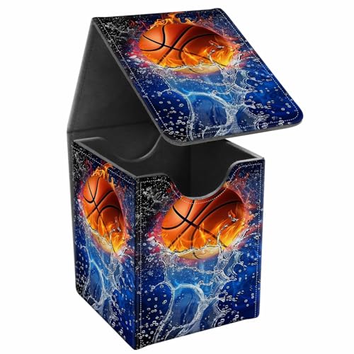 Card Deck Box, Card Storage Box Fits 100+ Single Sleeved Cards, Large Capacity PU Leather Card Storage Box with Strong Magnet for Magic Commander TCG CCG, Basketball - color: Basketball