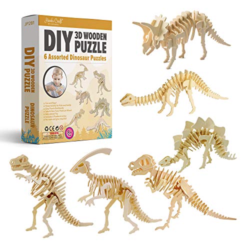 Hands Craft DIY 3D Wooden Puzzle – 6 Assorted Dinosaur Bundle Pack Set Brain Teaser Puzzles Educational STEM Toy Adults and Kids to Build Safe and Non-Toxic Easy Punch Out Premium Wood JP2B1 - color: Dinosaur