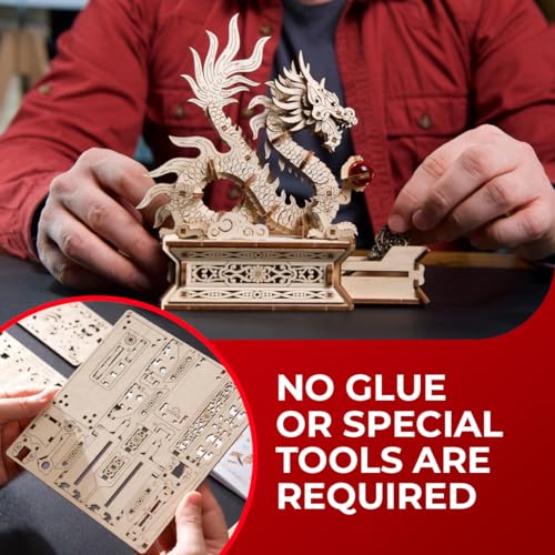UGEARS Wood Dragon 3D Puzzle – 3D Wooden Puzzles for Adults, Wooden Models for Adults to Build, Mechanical Puzzle Box with Hidden Compartment, DIY Model Kit, Brain Teaser, Unique Chinese Dragon Gift - style: Wood Dragon