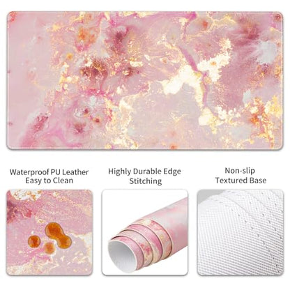 QIYI PU Leather Desk Mat Set, 4-in-1 Ergonomic Wrist Rest, Pink Marble | Waterproof Large Mouse Pad 31.5×15.7 + Keyboard Wrist Rest + Mouse Wrist Support+Coaster, Non-Slip Office Gaming Accessories - color: Pink Gold Marble