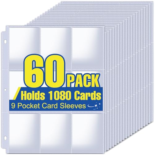 ZENOWICK 1080 Pockets Card Sleeves Binder Sheets | 9 Pocket Card Sleeves for 3 Ring Binder, Trading Cards Sleeves Fit for Baseball, Football, Game, Business Cards(60 Pages) - size: 60 Pack