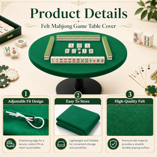 Green 36 Inch Felt Card Game Tablecover Round 36in to 48in Tablecloth Poker Table Cover Elastic Table Mat Fitted Bridge Card Mahjong Dominoes and Casino Game Night Topper Cloth Protecto
