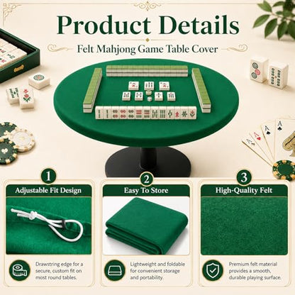 Green 36 Inch Felt Card Game Tablecover Round 36in to 48in Tablecloth Poker Table Cover Elastic Table Mat Fitted Bridge Card Mahjong Dominoes and Casino Game Night Topper Cloth Protecto