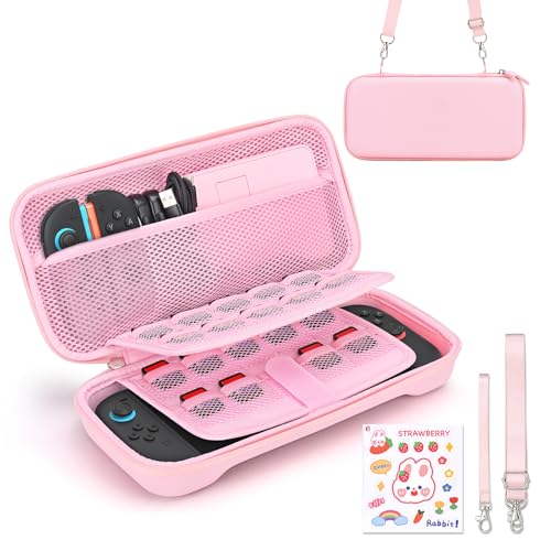 Younik Switch 2 Case Compatible with NS Switch 2 (2025), Carrying Case with 19 Game Card Slots, 4 in 1 Switch 2 Accessories Includes Shoulder Strap, Wrist Strap & Stickers (Pink) - color: Pink, size: For Switch 2(2025)