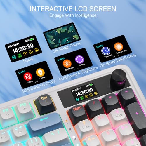 Redragon K719 Wireless Gasket Gaming Keyboard w/Hype Screen & Knob, 95 Keys Mechanical Keyboard, Easy-Control 1.14’’ TFT Info Display, 5-Layer Noise Dampener, Round PBT Keycaps, Mint Mambo Switch - color: Glacier Azure