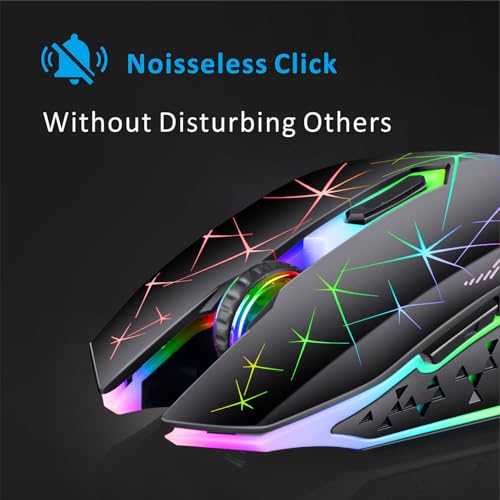 TENMOS V7 Wireless Gaming Mouse,Rechargeable LED Wireless Mice Silent-Black | 2.4GHz Optical, Quiet Click, Rainbow LED Light, Nano Receiver, 2400DPI, Ergonomic, Side Button, Cordless,for Laptop/PC/Mac