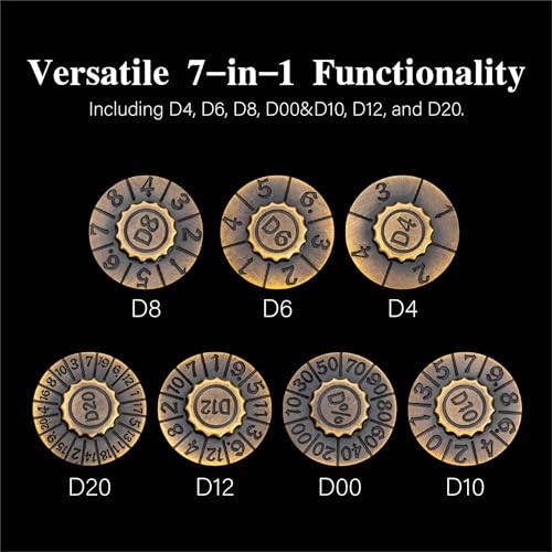 Foldable Spinner Metal DND Dice Set – Compact Elegant Design with D4, D6, D8, D10, D12, D20, D% for TTRPG Gifts - color: Ancient Gold