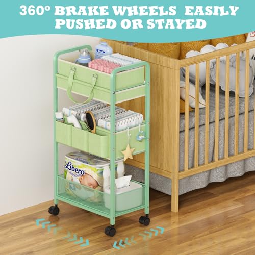 2in1 Baby Diaper Caddy Organizer Cart, 3-Tier Rolling Cart, Metal Diaper Caddy Carts, Bedside Carts for Nursery Essentials Storage, Detachable Dividers, Large Capacity, Green - color: Green