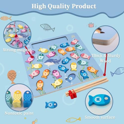 Magnetic Fishing Game for Toddlers, Wooden Alphabet Puzzle Maze Board, Preschool ABC Uppercase Lowercase Letter Matching Game, Montessori Educational Fine Motor Skill Toy for Boy Girl Kids - style: fishing alphabet puzzle