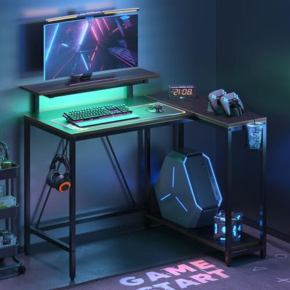 Pinmoco 42" Reversible L-Shaped Desk, Gaming Desk with LED Lights, Monitor Stand, Cup Holder and Headset Hook, Corner Work Station for Home Office, Study and Small Spaces, Carbon Fiber Black | corner desk fits small spaces, monitor stand, cup holder, head