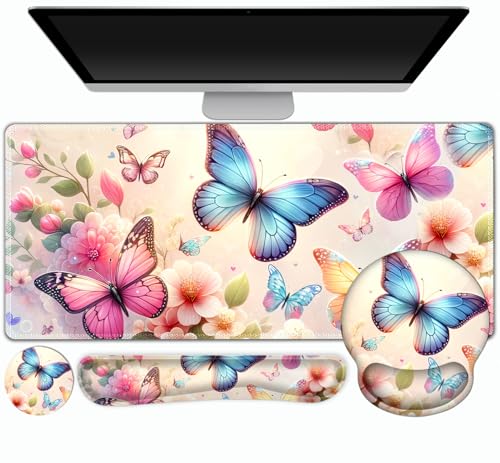 Gaming Mouse Pad, Large Desk Mat, 4in1 XXL Mousepad Cute Desk Pad Protector | Keyboard Wrist Rest+Mouse Wrist Rest+Coaster Set with Ergonomic Desk Pad for Home Office PC Computer, Butterflies Flowers - color: Butterflies Flowers