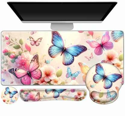 Gaming Mouse Pad, Large Desk Mat, 4in1 XXL Mousepad Cute Desk Pad Protector | Keyboard Wrist Rest+Mouse Wrist Rest+Coaster Set with Ergonomic Desk Pad for Home Office PC Computer, Butterflies Flowers - color: Butterflies Flowers