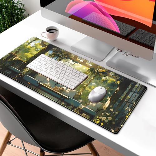 Cute Cat Desk Mat Green Plants Aesthetic Desk Pad Anime Kawaii Gaming Mouse Pad Large Mousepad Extended XL Laptop Keyboard Mouse Mat 31.5"x11.8" with Stitched Edges Non-Slip Rubber Base - color: Cute Cat