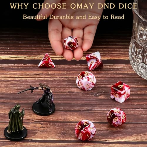 QMAY DND Dice Set -D&D Polyhedral Dice (7 Pcs) for Dungeons and Dragons (Blood red and White) - color: Blood Red and White