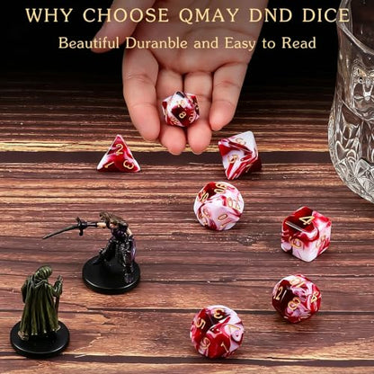 QMAY DND Dice Set -D&D Polyhedral Dice (7 Pcs) for Dungeons and Dragons (Blood red and White) - color: Blood Red and White