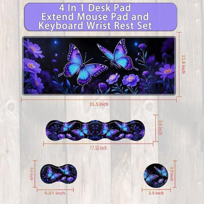 Large Gaming Mouse Pad Set with Wrist Support – 31.5" x 11.8" 4-in-1 XXL Mousepad with Keyboard Wrist Rest, Mouse Wrist Rest & Coaster – Ergonomic Desk Mat for Office, Home – Blue Butterfly Flower - color: Blue Butterfly Flower