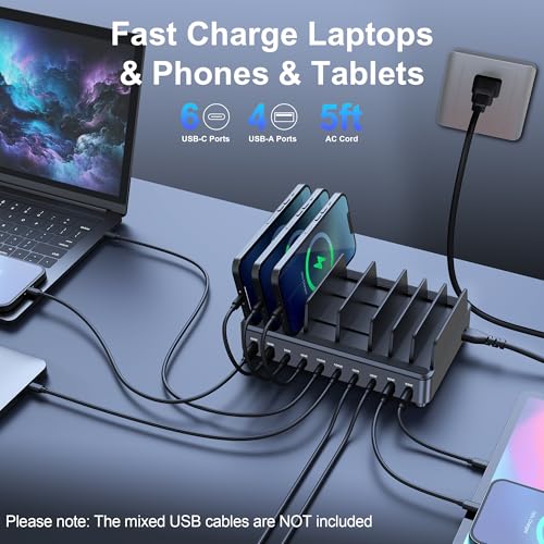 chipofy 500W Charging Station for Multiple Devices with Stand | 10-Port Multi USB C Fast Charger, with Organizer Stand, for MacBook Laptop, iPad, iPhone 17 16 Pro Max, Galaxy S25/S24